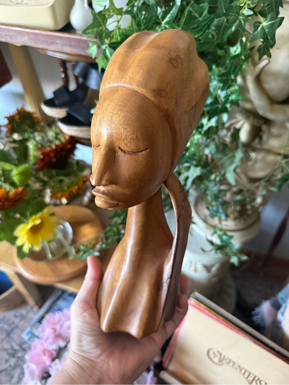 Hand-Carved Wooden Female Bust Sculpture
